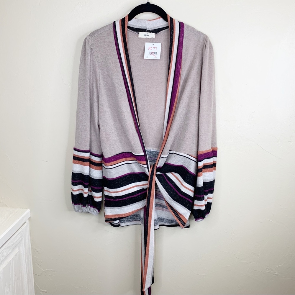 Entro Boutique puff sleeve tie front knit cardigan